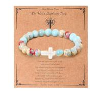 LUOKIFUR Ladies Cross Bracelet Baptism Gift Christian Catholic Religious Natural Stone Bead Bracelet Inspirational Gift for Her (blue mixed color)