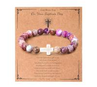 LUOKIFUR Ladies Cross Bracelet Baptism Gift Christian Catholic Religious Natural Stone Bead Bracelet Inspirational Gift for Her (Purple mixed color)