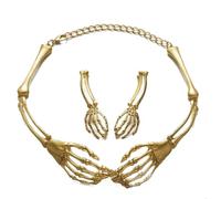 LUOLANA Gothic Skeleton Hand Necklace Earring Set Punk Rock Cosplay Claw Palm Choker for Women Men Halloween Costume Jewelry, S, Metal, No Gemstone