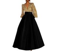 luolandi Luxury Sequined A-Line Evening Gown Floor Length Long Sleeve V Neck Pocket Satin with Pleats Pocket Formal Dress Black Gold