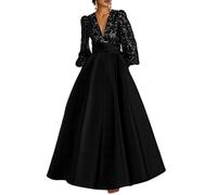 luolandi Luxury Sequined A-Line Evening Gown Floor Length Long Sleeve V Neck Pocket Satin with Pleats Pocket Formal Dress Black