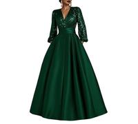 luolandi Luxury Sequined A-Line Evening Gown Floor Length Long Sleeve V Neck Pocket Satin with Pleats Pocket Formal Dress Dark Green