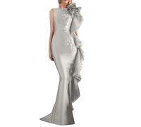 luolandi Mermaid Evening Gown Sweep/Brush Train Sleeveless Jewel Neck Wedding Guest Dresses Stretch Satin with Appliques Grey