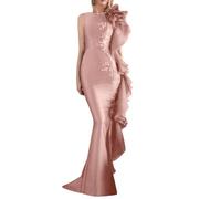 luolandi Mermaid Evening Gown Sweep/Brush Train Sleeveless Jewel Neck Wedding Guest Dresses Stretch Satin with Appliques Dusty Rose