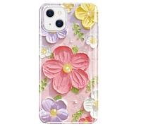 luolnh Compatible with iPhone 13 iPhone 14 CASE Colorful Retro Oil Painting Printed Flower Glitter Glossy Cute Protective TPU Silicone Cover Phone Case for Girls Women(Pink Yellow)
