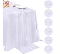 LuoluoHouse Pearl Table Runner White Tulle Fabric Set of 6 Lace Table Runners 29x120 Inch Boho Rustic Table Runners for Bridal Shower Birthday Party Wedding Arch Aisle Veil Dessert Table Decor