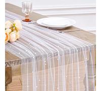 LuoluoHouse White Pearl Table Runner Tulle: 10ft Pearl Kitchen Linen 29x120 Inch Sheer Gauze Fabric for Wedding Decor Birthday Party Dining Table Cover