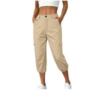 luoluoluo 3/4 Length Cargo Trousers Women High Waisted Capri Pants Work Combat Trouser Tactical Shorts Casual Jogging Joggers Ladies Multi Pockets Sports Gym Bottoms Outdoor Hiking Workwear