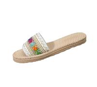 luoluoluo Bohemian Sandals for Women UK, Flax Slides Flat Sandal Boho Shoes Non-Slip Linen Sliders Flip Flops Open-Toe Breathable House Slipper Beach Shoe Casual Vacation