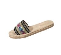 luoluoluo Bohemian Sandals for Women UK, Flax Slides Flat Sandal Boho Shoes Non-Slip Linen Sliders Flip Flops Open-Toe Breathable House Slipper Beach Shoe Casual Vacation