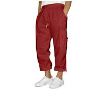 luoluoluo Cargo Cropped Trousers for Men UK, Drawstring Elasticated Waist Sweatpants, Three Quarter Length Trousers Casual Cotton Capri Pants Chino Shorts Multi Pockets Work Jogging Bottom Red