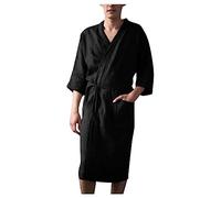 luoluoluo Clearance Mens Cotton Linen Dressing Gown 3/4 Sleeve Sleepwear House Robes Plain Bathrobe V-Neck Robes with Pocket Loose Nightwear Loungewear Robe Beach Bathing, Swimming, Surfing Black