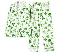 luoluoluo Clearance Womens St. Patrick's Day Pajamas Sets Two Piece Outfits Ireland Irish Lucky Shamrock Nightwear Long Sleeve Loungewear Button Down Shirts Tops and Bottoms Sleepwear Long Pants Sets