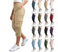 luoluoluo Cropped Trousers for Women UK, Cargo Capris Pants 3/4 Length Trouser Ladies Elasticated Waist Bottoms Pull On Cut Off High Waist Smart Shorts for Yoga Running Jogger Khaki
