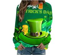 luoluoluo St. Patrick's Day Sweatshirt for Women Novelty Funny Graphic Long Sleeve T-Shirts Green Clover Shamrock Hat Graphic Jumper Round Neck Pullover Rainbow Printed Blouses Loose Tunic Tops S-XXL