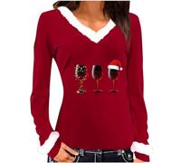 luoluoluo Women Xmas Sweatshirt UK, Ladies V Neck Christmas Jumpers Funny Graphic Wine Glass Shirts Casual Long Sleeve Pullover Novelty Oversized T Shirts Fleece Sweatshirts Loose Fit Tops Blouse