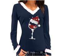 luoluoluo Women Xmas Sweatshirt UK, Ladies V Neck Christmas Jumpers Funny Graphic Wine Glass Shirts Casual Long Sleeve Pullover Novelty Oversized T Shirts Fleece Sweatshirts Loose Fit Tops Blouse