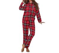 luoluoluo Women's Checked Pajamas Set 2 Piece Lounge Set Turn-Down Collar Long Sleeve Shirts Tops and Pants Long Bottoms Plaid Sleepwear Ladies Button Down Nightwear Fashion Homewear UK Size Red