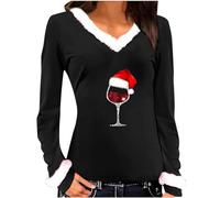 luoluoluo Womens Christmas Sweatshirts UK Deals Ladies Wine Glass Printed Jumper Festival Tops V Neck Shirts Long Sleeve Pullover Xmas Tunic Blouses Novelty Graphic Sweatshirts Party Costumes S-5XL