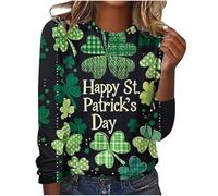 luoluoluo Womens Happy St Patricks Day Pullover Lucky Green Tops Irish Shamrock Heart Graphic Jumper 3D Printed Tshirts Long Sleeve Blouse St Paddys Day Sweatshirts