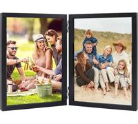 Luoqun88 Double Photo Frame 4x6, Hinged Folding Wood Picture Frame with Glass, Foldable Photo Frame Holds 2 Photos (Vertical or Horizontal), Desktop Family Frame(Black) (Black, 5X7)