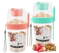 Luoqun88 Overnight Oats Container 2-Pack -Pink & Mint Reusable Cereal Cups with Lid & Spoon, Built-in Dip Box, Leak-Proof Breakfast Jars for Yogurt, Salad, Ideal for School & Office (310ml & 560ml)