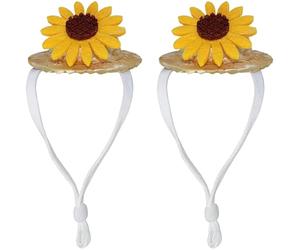 LUORNG 2PCS Adjustable Elastic Strap Pet Hat Yellow Sunflower Floral Tiny Straw Hat for Chickens Hamsters Parrots Guinea Pigs Cute Hand Woven Chicken for Small Medium Animals