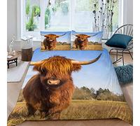 LUORU Single Duvet Cover Highland Cows 135x200 cm 3D Farm Animals Cattle Bedding Set with Zipper Closure Ultra Soft Microfiber Kids Boys Girls Teens Comforter Quilt Cover with 2 Pillowcase 50x75