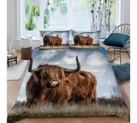 LUORU Teens and Adults Double Duvet Cover Set - Highland Cattle Grassland Sky Pattern - Fluffy White Black Bedding for Small Double 200x200