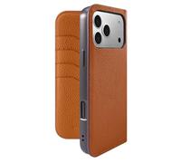LUOTANL Flip Folio Case for iPhone 17 Pro Max/17 Pro/Air/17, Genuine Leather Wallet Case Stand Function Silicone Soft Edge Shell,Brass,17 Pro Max