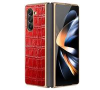 LUOTANL Genuine Leather Case for Samsung Galaxy Z Fold 7, Luxury Gold Edge Plating Crocodile Texture Phone Case Shockproof Slim Handmade Cover,Red,Fold 7