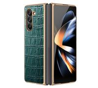 LUOTANL Genuine Leather Case for Samsung Galaxy Z Fold 7, Luxury Gold Edge Plating Crocodile Texture Phone Case Shockproof Slim Handmade Cover,Green,Fold 7