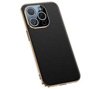 LUOTILAG Case for iPhone 16 Pro Max/16 Pro/16 Plus/16, Genuine Leather Slim Case Lychee Texture Full Wrap Lens Phone Cover Wireless Charging,Black,16 Pro Max