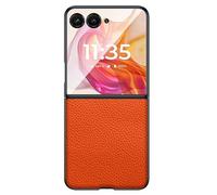 LUOTILAG Genuine Leather Case for Moto Razr 50Ultra/50, Business Style Slim Phone Cover Lychee Texture Back Drop Protection Case,Orange,50