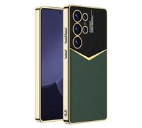 LUOTILAG Luxury Case for Samsung Galaxy S25 Ultra, Shiny Plating Gold Edges Leather Cover Anti -Fall Camera Protection Case,Green,S25Ultra