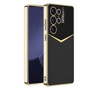 LUOTILAG Luxury Case for Samsung Galaxy S25 Ultra, Shiny Plating Gold Edges Leather Cover Anti -Fall Camera Protection Case,Black,S25Ultra