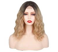 Luovce Synthetic Wigs For Women Shoulder Length Short Wavy 14 inches Small-Part-Lace Front Wigs Ombre Blonde Color #R4/27/613
