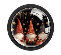 Luoweisi 4 Pcs Happy New Year Gnomes Cabinet Knobs, Round Dresser Drawer Knobs, Single Hole Dresser Handles for Kitchen Home Decorating, Cupboard, Wardrobe
