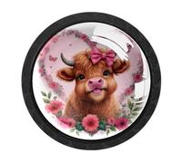 Luoweisi 4 PCS Highland Cow Love Flower Cabinet Knobs, 35mm Round Drawer Knobs Dresser Handle, Single Hole Cupboard Handle with Screws for Kitchen Wardrobes Bathroom Home Decoration