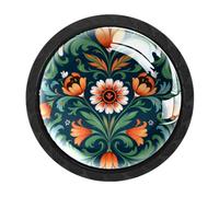 Luoweisi 4 Pcs Norwegian Rosemaling Folk Style Green Flower Cabinet Knobs, Round Dresser Drawer Knobs, Single Hole Dresser Handles for Kitchen Home Decorating, Cupboard, Wardrobe