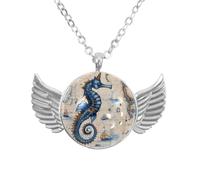 Luoweisi Angel Wings Necklace with Blue Seahorse Nautical Map, Zinc Alloy Pendant Jewelry Gifts for Men Women