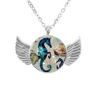 Luoweisi Angel Wings Necklace with Blue Seahorse Sea, Zinc Alloy Pendant Jewelry Gifts for Men Women
