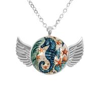 Luoweisi Angel Wings Necklace with Blue Seahorse, Zinc Alloy Pendant Jewelry Gifts for Men Women
