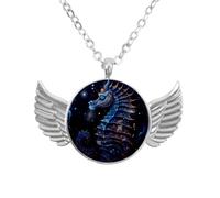 Luoweisi Angel Wings Necklace with Blue Seahorse, Zinc Alloy Pendant Jewelry Gifts for Men Women