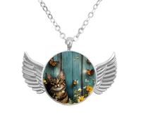 Luoweisi Angel Wings Necklace with Cat Butterflies Daisy on Rustic Plank, Aluminum Alloy Jewelry Gifts for Men Women