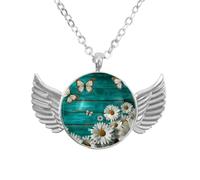 Luoweisi Angel Wings Necklace with Daisies Butterflies on Teal Plank, Aluminum Alloy Jewelry Gifts for Men Women