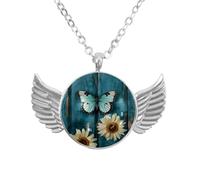 Luoweisi Angel Wings Necklace with Daisy Butterflies on Teal Plank, Aluminum Alloy Jewelry Gifts for Men Women
