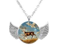Luoweisi Angel Wings Necklace with Deer Meadow, Zinc Alloy Pendant Jewelry Gifts for Men Women