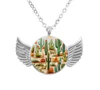 Luoweisi Angel Wings Necklace with Desert Blooms Cactus, Zinc Alloy Pendant Jewelry Gifts for Men Women