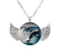 Luoweisi Angel Wings Necklace with Dolphin Jumping Sea, Zinc Alloy Pendant Jewelry Gifts for Men Women
